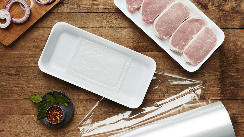 Polystyrene foam tray containing 25% recycled content