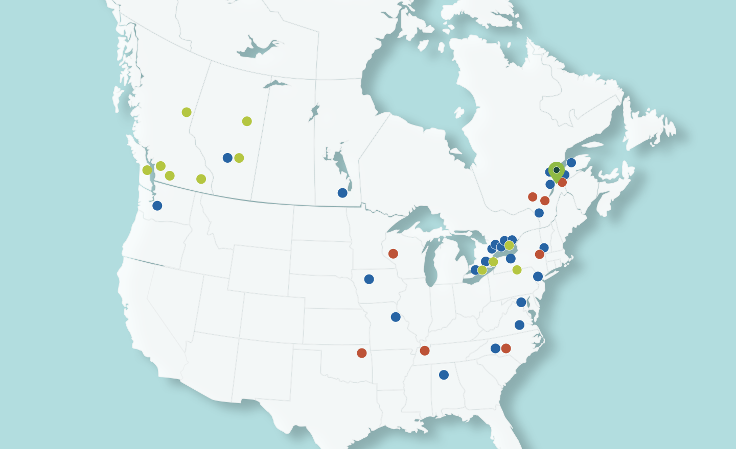 Carte géogeaphique avec des points pour identifier les unité au Canada et USA 