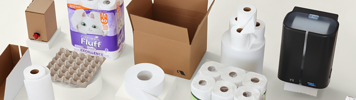 Assortment of Cascades paper and packaging products—tissue rolls, dispenser, cardboard box, and molded pulp tray—on a mint background.