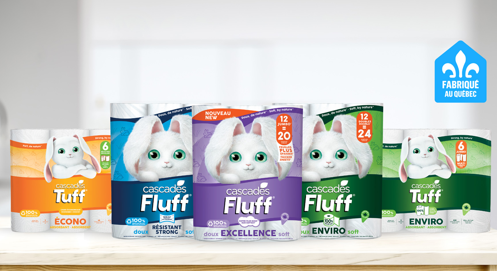 Toutes les emballage des produits papier essuie-tout et hygiénique de Cascades Fluff et Tuff