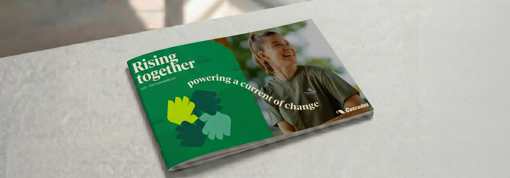 Cover page of Cascades’ 2026–2030 sustainability report highlighting collective commitment toward a more sustainable future.