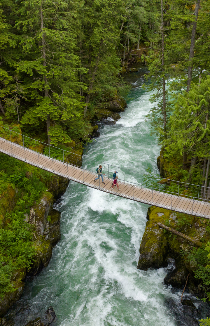 Deux personnes traversant une passerelle au-dessus d’une rivière en forêt illustrant le développement durable et la connexion avec la nature.