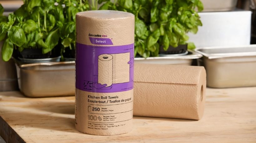 Cascades PRO Select kitchen roll towels; one upright with purple label, one lying on a wood counter, kitchen backdrop.